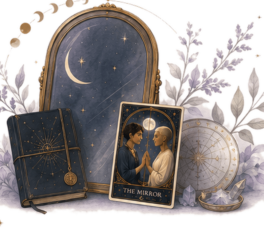 Fate Mirror illustration with a moonlit mirror, journal, symbolic card, and botanical details