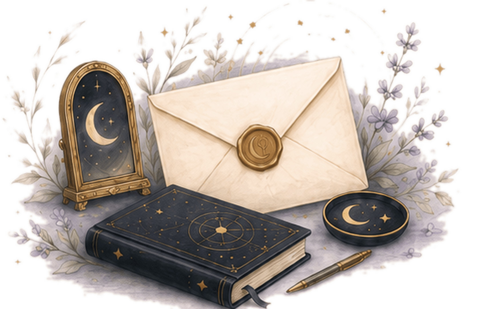 An illustrated Fate Mirror contact scene with an envelope, moonlit mirror, journal, and botanical details