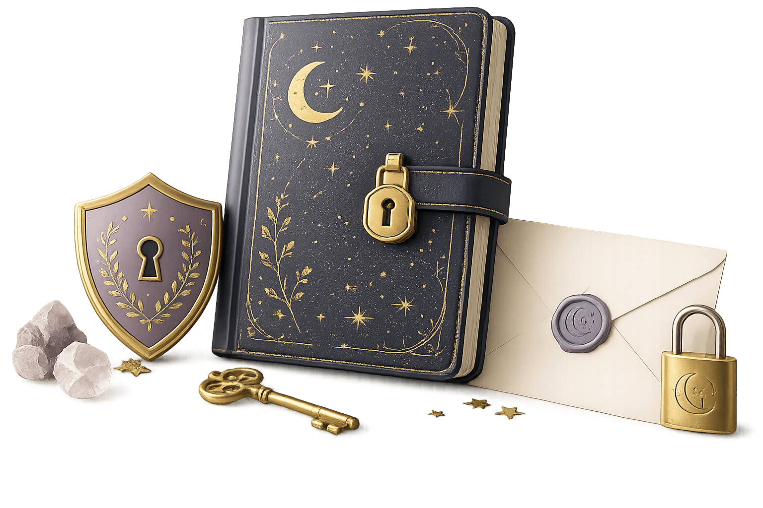 A Fate Mirror privacy illustration with a journal, shield, envelope, and lock