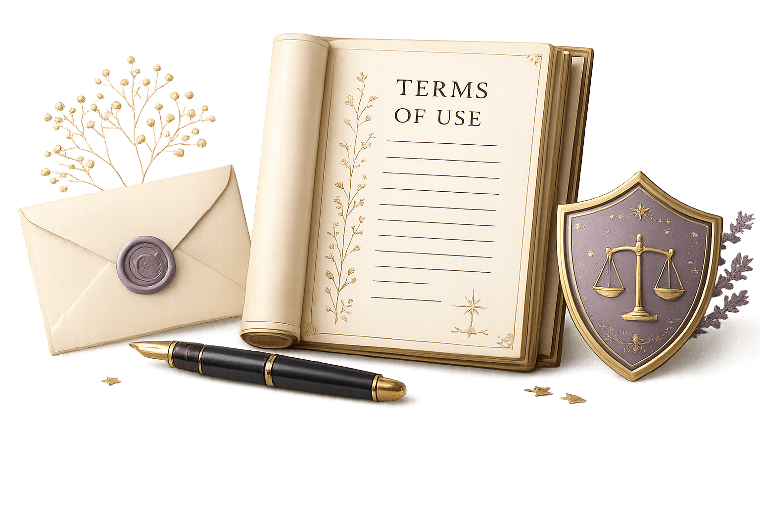 A Fate Mirror terms of use illustration with an open book, envelope, fountain pen, and shield
